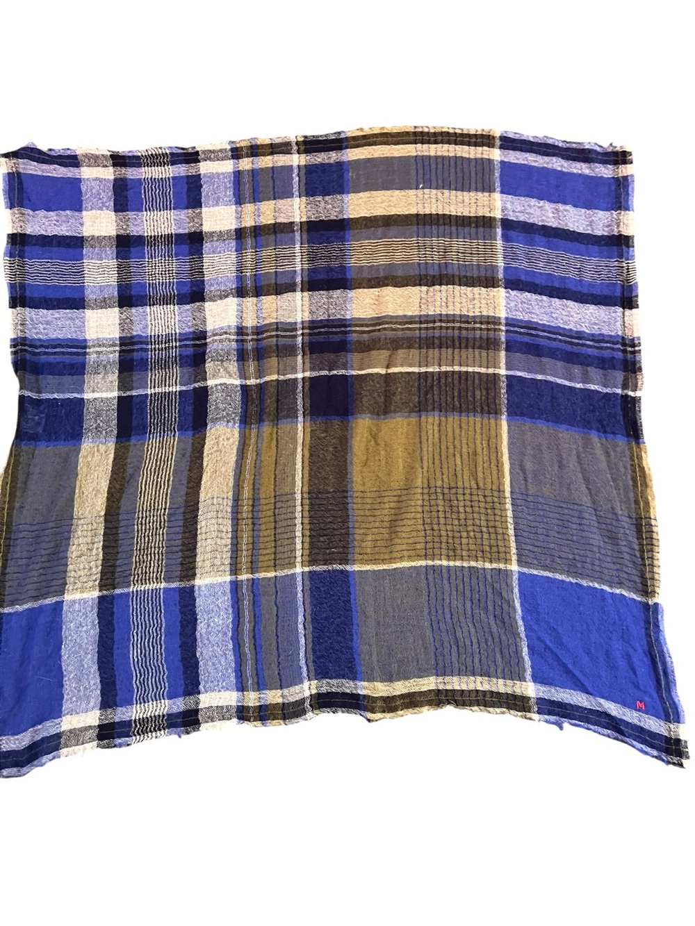 Moismont 100% Wool Blue Tan Square Scarf Fringe Lightweight Woven Wool